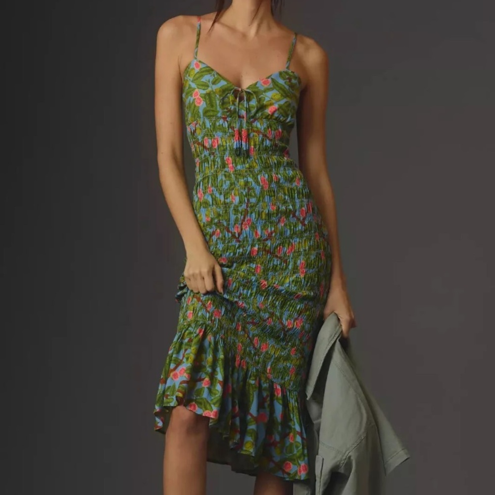 New FARM Rio Ruched Tie Front Midi Dress